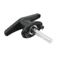 Black T-handle body lock assembly with screw stud and bracket, angled close-up