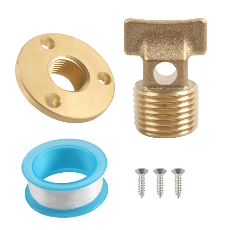 Brass drain outlet flange hardware kit with threaded plug, gaskets, and screws