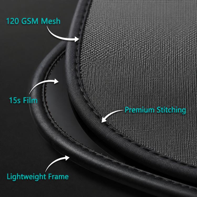 Close-up of black PVC mesh sunshade with stitched edge and lightweight frame