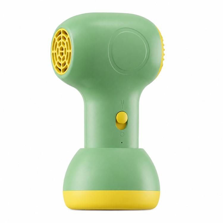 Green cordless baby hair dryer with round nozzle grille and yellow side accents