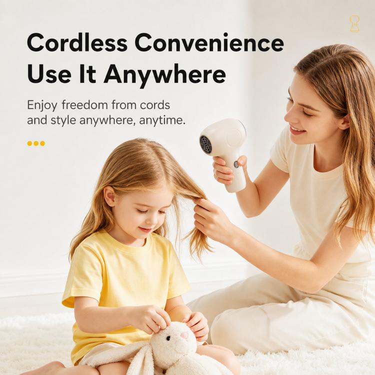 White cordless baby hair dryer held upright, round nozzle grille facing forward