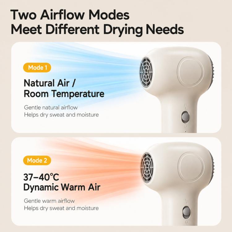White cordless baby hair dryer showing two airflow mode controls on the handle
