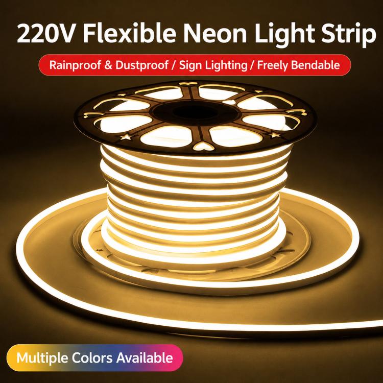 Flexible LED neon rope light strip on reel, warm white glow for sign lighting