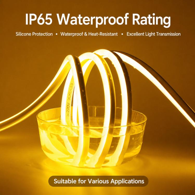 Warm white flexible LED neon rope light strip, IP65 waterproof rating, glowing loop
