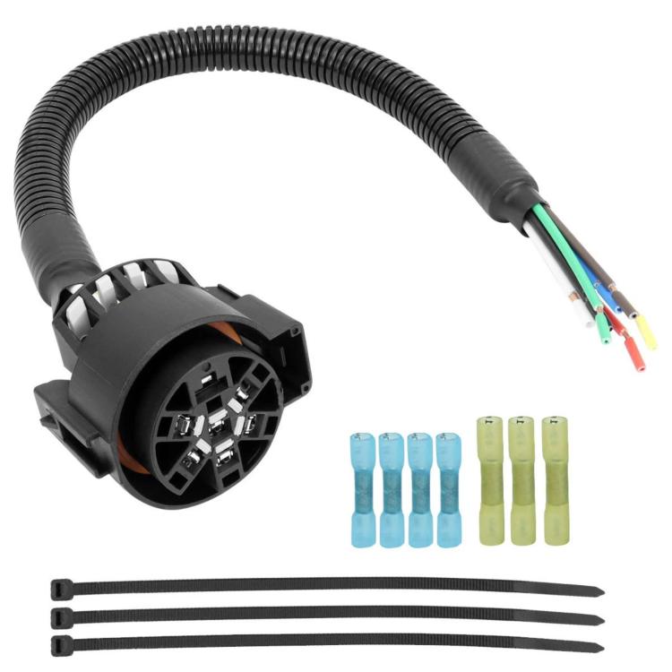 7-pin trailer plug harness connector with black cable and color-coded wire terminals