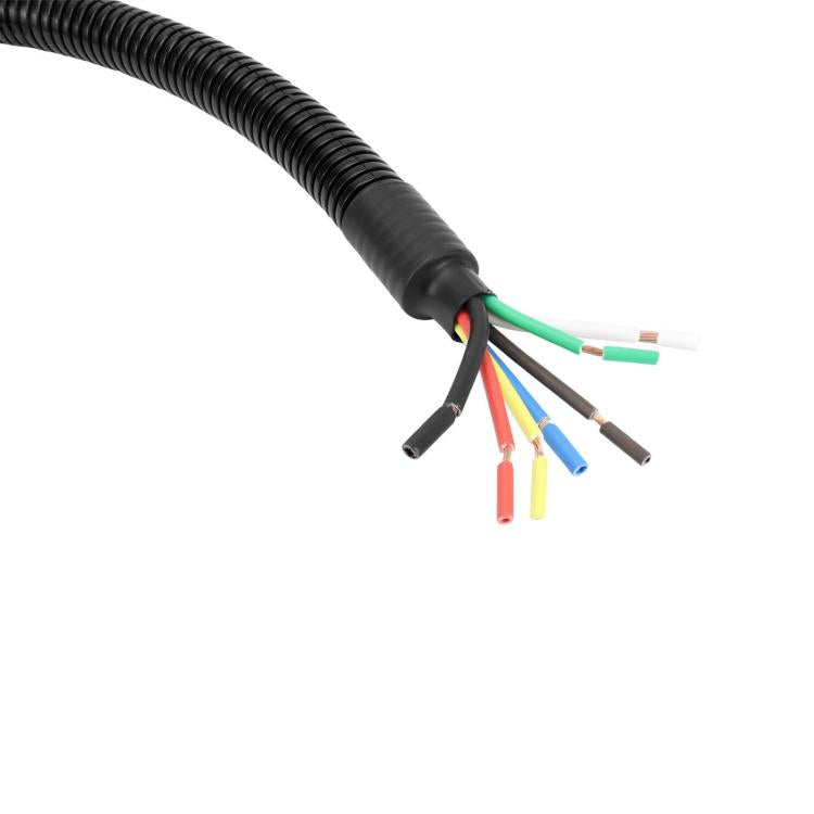 Black coiled trailer harness cable with exposed color-coded wire ends