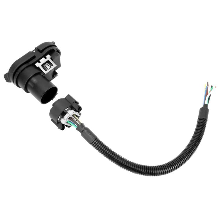 7-pin trailer plug connector with black coiled cable, angled close-up