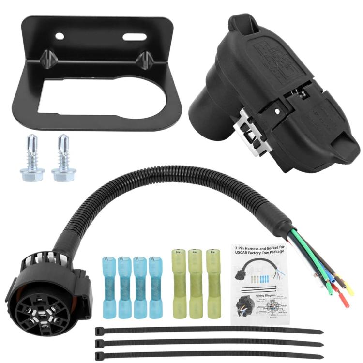 7-pin trailer plug retrofit kit with mounting bracket, cable harness, and terminal seals