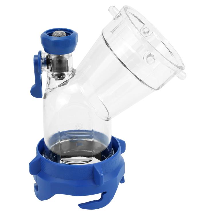 Transparent 45-degree bend pipe with blue clamps and inlet screen, CP-1139