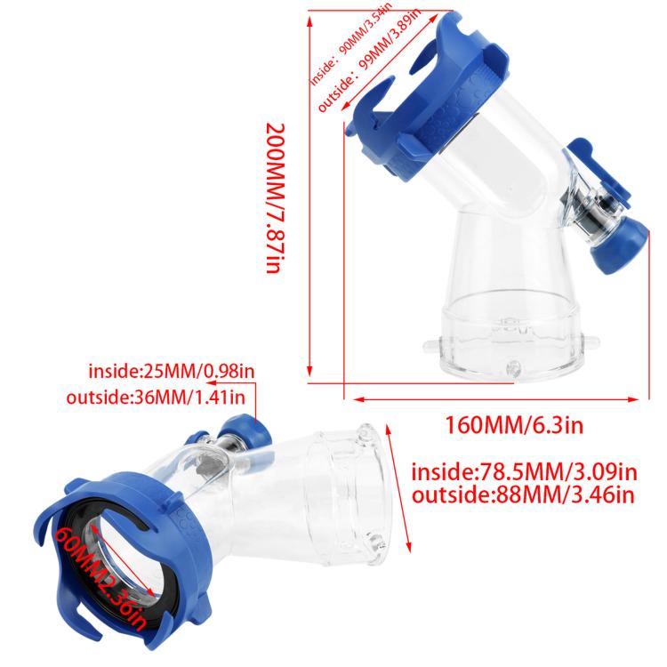 Transparent 45-degree extension bend pipe with blue fittings and labeled size views, CP-1139