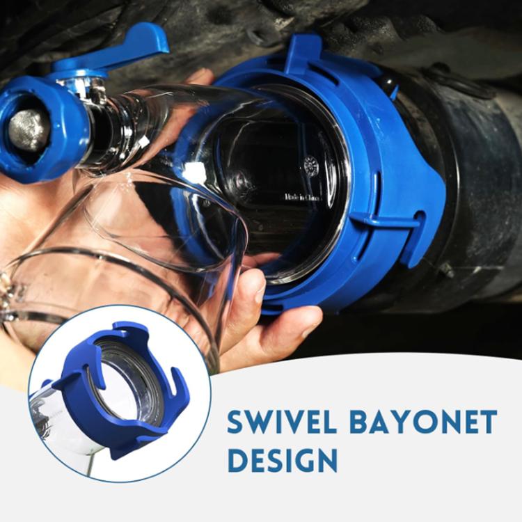 Blue bayonet sewage pipe fitting with clear body and metal connection, CP-1139