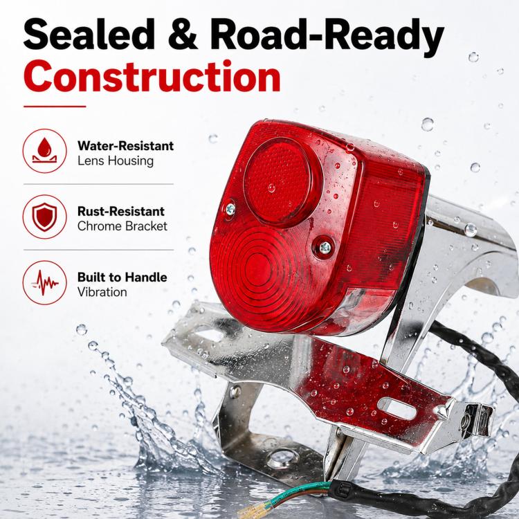 Red rear tail light and chrome bracket with visible water droplets