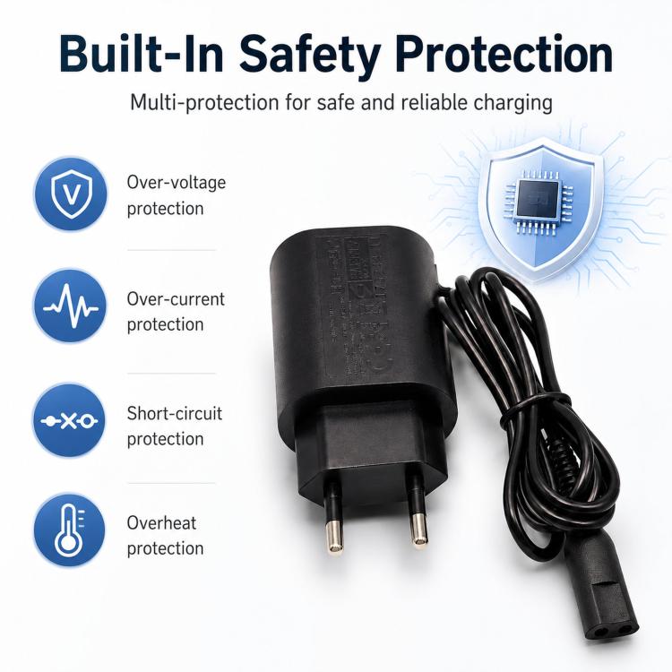 Safety-protected EU plug charger with black cable and two-prong plug