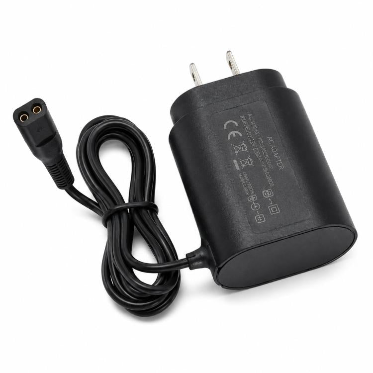 Black AC charger block with two-pin plug and attached power cord