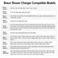 Braun shaver charger compatibility table listing model numbers