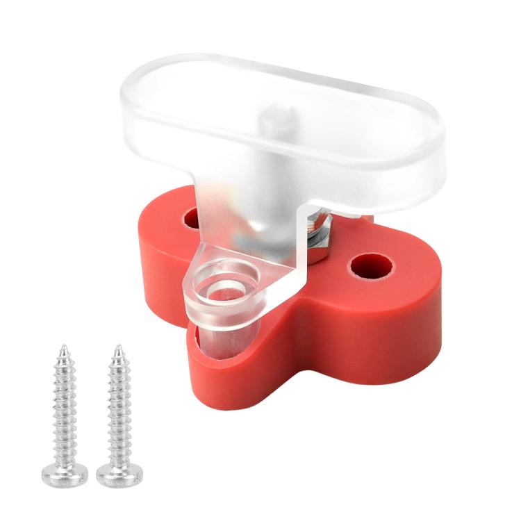 Heavy-duty battery terminal clamp with transparent cover, red base, M6 stud and screws