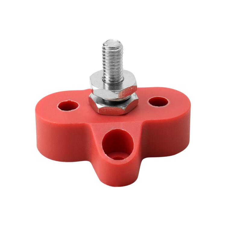 Heavy-duty battery terminal clamp with red insulator block and metal stud