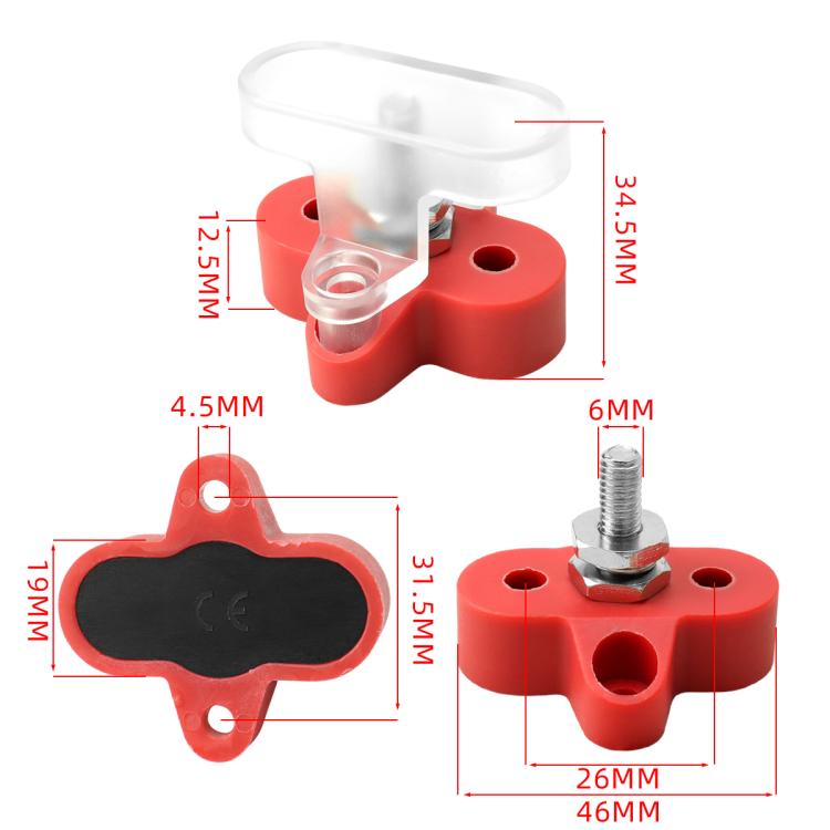Battery terminal with transparent cover, red base, dimensions diagram and M6 mounting stud