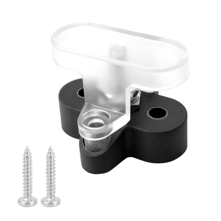 Heavy-duty battery terminal clamp with transparent cover, black base, M6 stud and screws