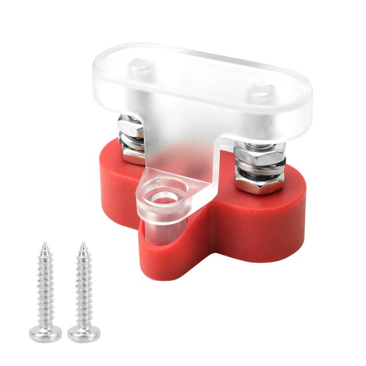 Heavy-duty battery terminal clamp with transparent cover, red base, double-screw studs