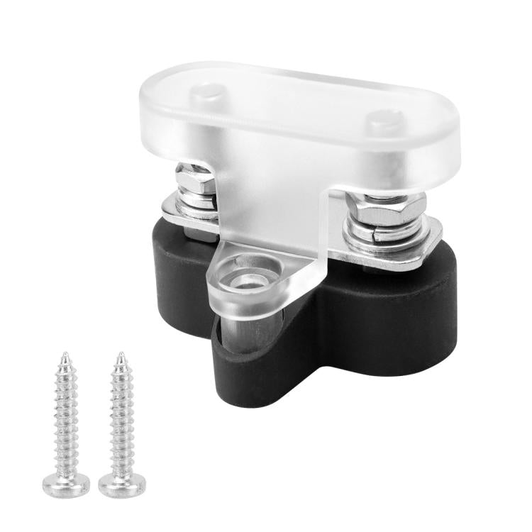 Heavy-duty battery terminal clamp with transparent cover, black base, two stud fasteners