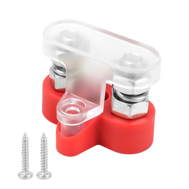 Waterproof car yacht battery terminal set with clear protective cover, red base, screws