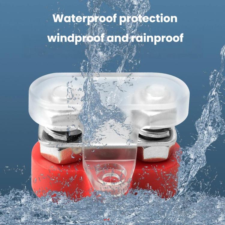 Waterproof car yacht battery terminal with clear cover over red base, splash-protected