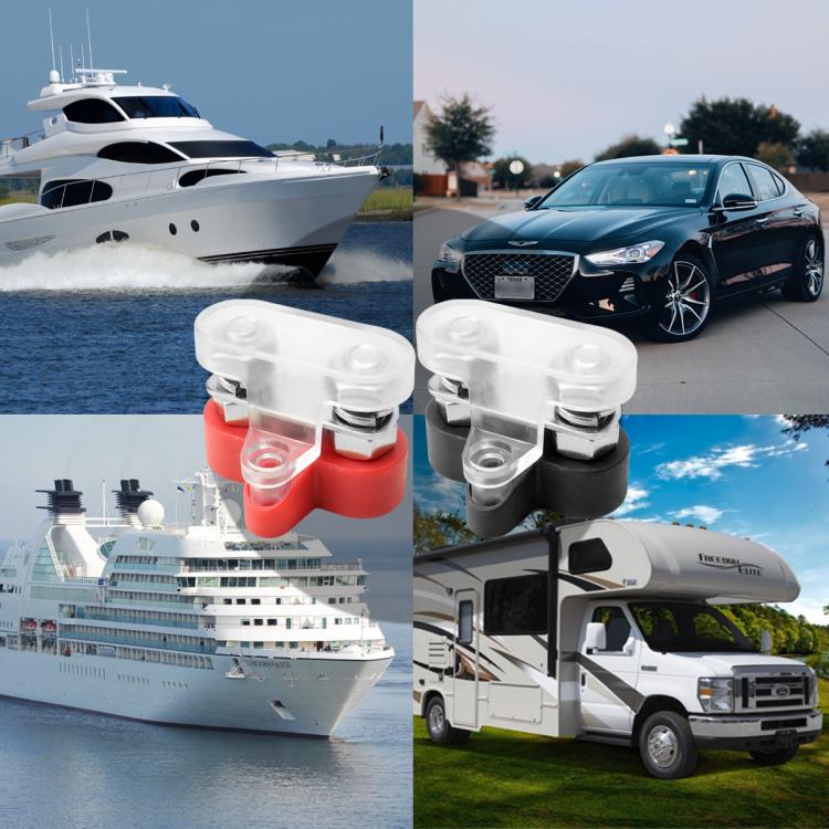 Clear-covered battery terminals for vehicles and boats, red and black bases with screws