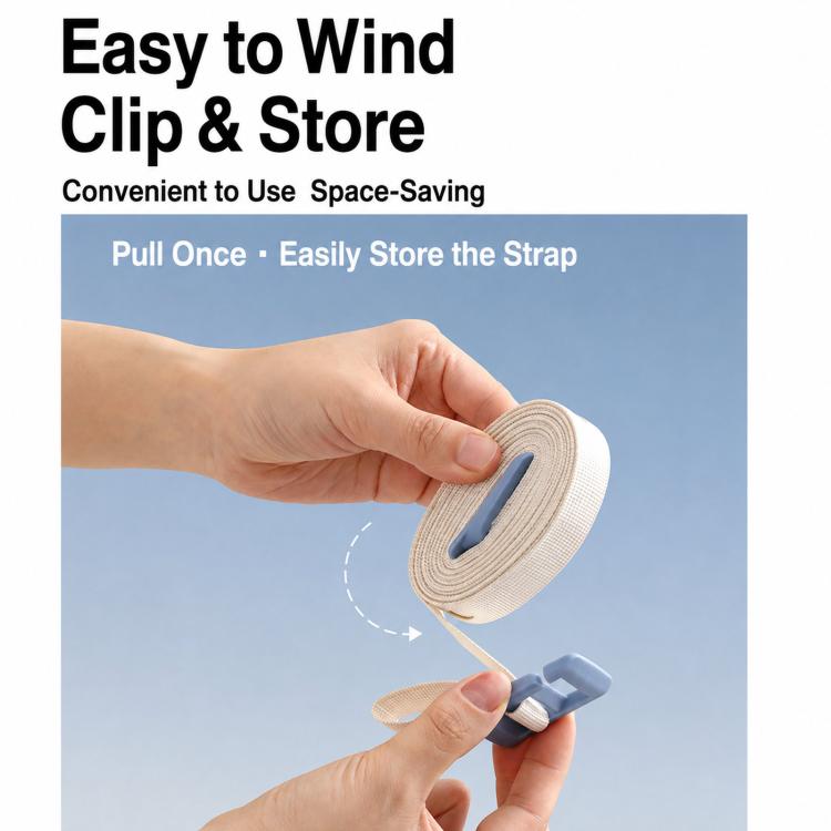 Portable clip clothesline strap with six clips, shown pulled tight for storage