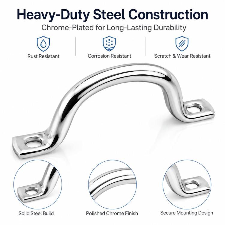 Polished chrome grab bar with two side mounting brackets and circular bolt holes