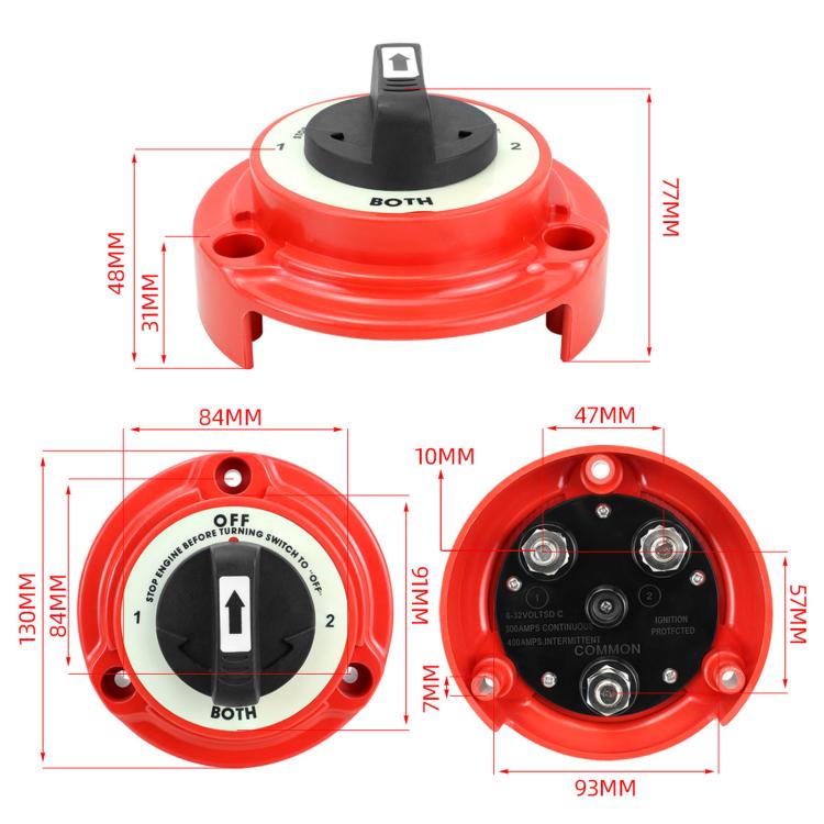 4-position dual battery cut-off switch dimensions diagram with 1/2/BOTH dial
