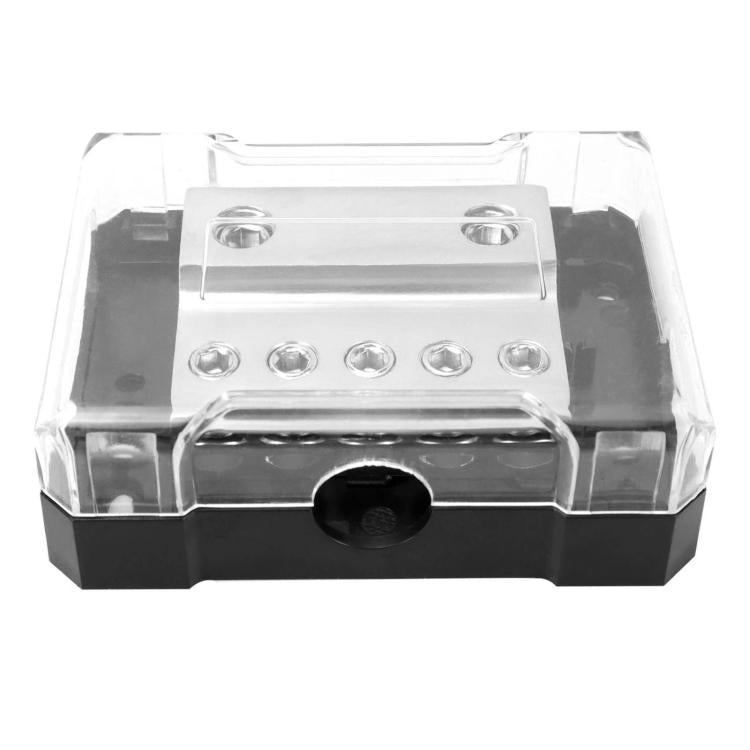 Clear cover car audio amplifier grounding box with black base and metal terminal plate