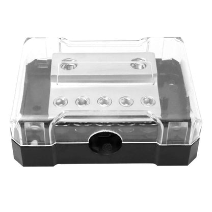 Clear cover car audio amplifier grounding box with black base and metal terminal plate