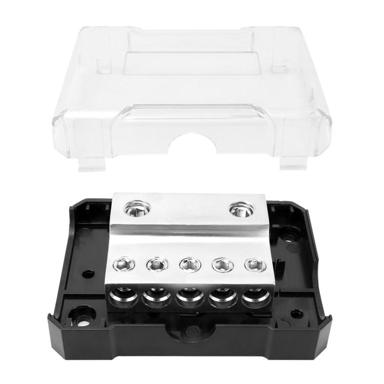 Car audio amplifier grounding box with clear cover open, black base, and metal terminal plate