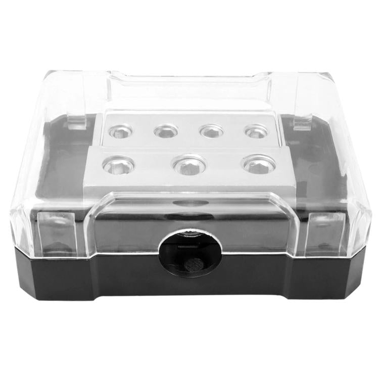 Car audio amplifier grounding box with clear cover and black base, featuring metal terminal plate