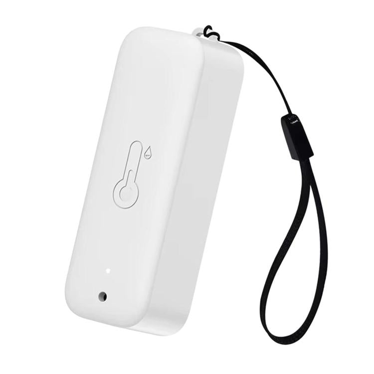 White WiFi smart temperature and humidity meter with black lanyard cord, no screen