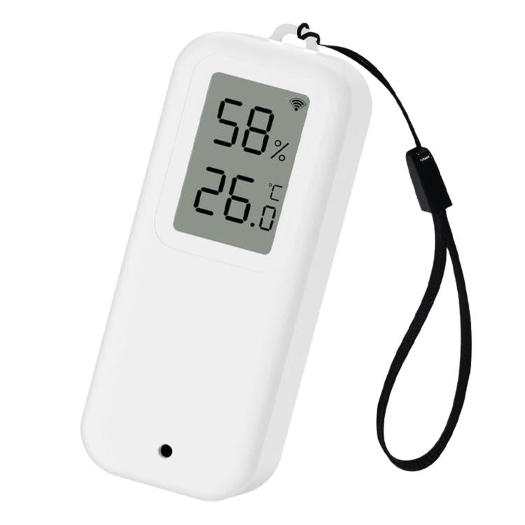 White WiFi smart temperature and humidity meter with built-in screen and black cord