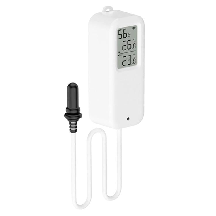 White smart temperature and humidity meter with display and black probe cable