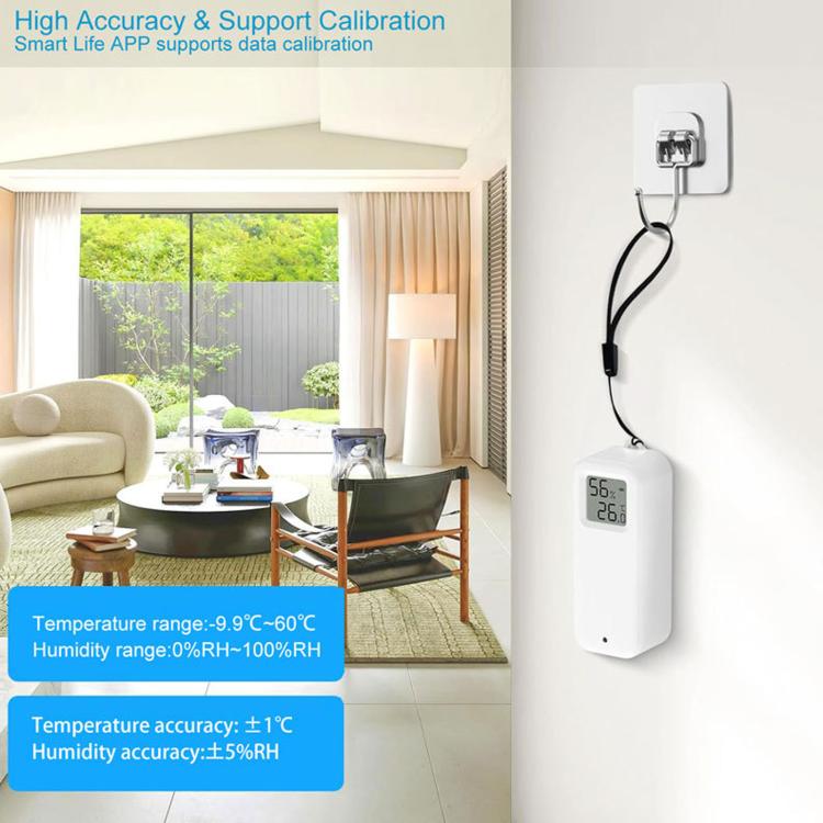 White WiFi smart temperature and humidity meter on wall with display