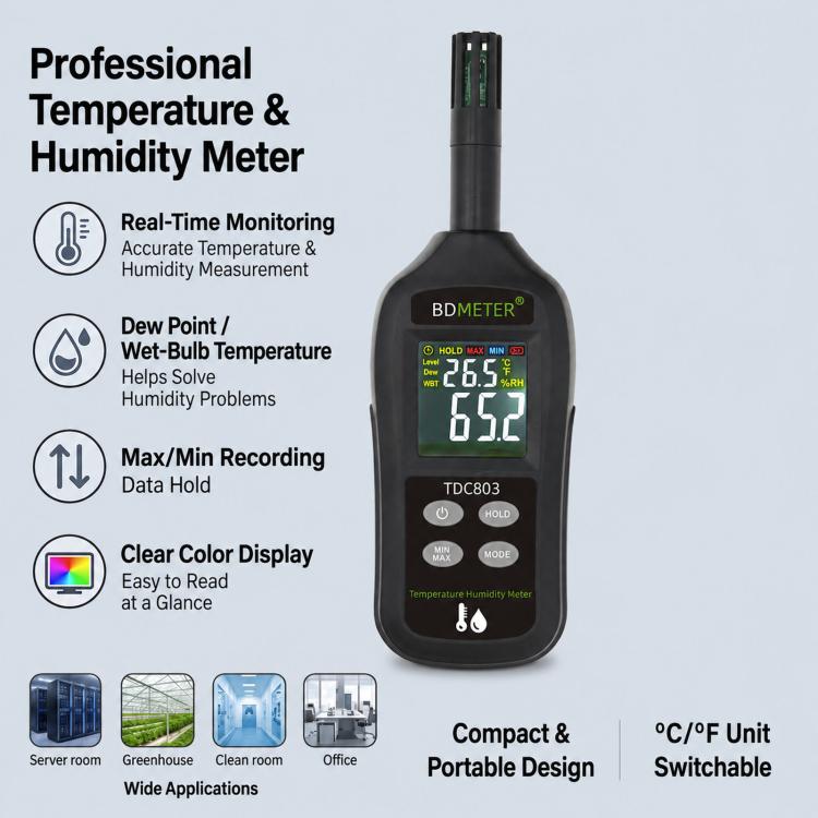 BDMETER TDC803 Handheld Portable Color Screen Temperature Humidity Meter High-Precision Environmental Detector, BDMETER TDC803