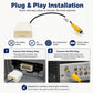 Backup camera cable adapter with white harness connector and yellow RCA plug, plug-and-play cable