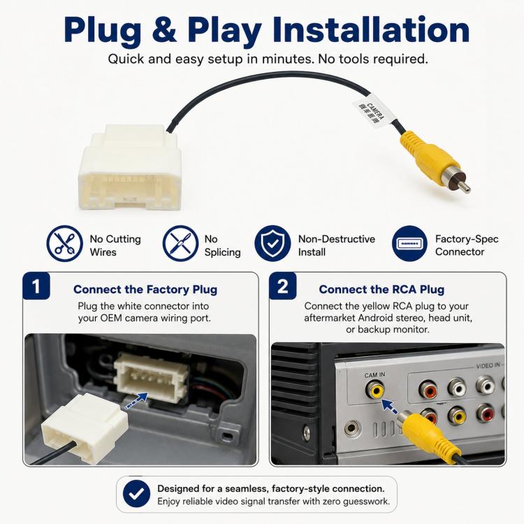 Backup camera cable adapter with white harness connector and yellow RCA plug, plug-and-play cable