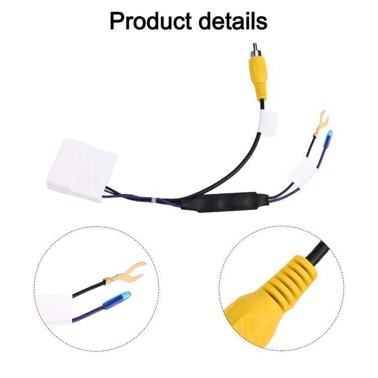 Backup camera harness adapter with RCA plug and blue wire connector detail