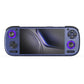 Blue handheld game console with purple-accent thumbsticks and D-pad