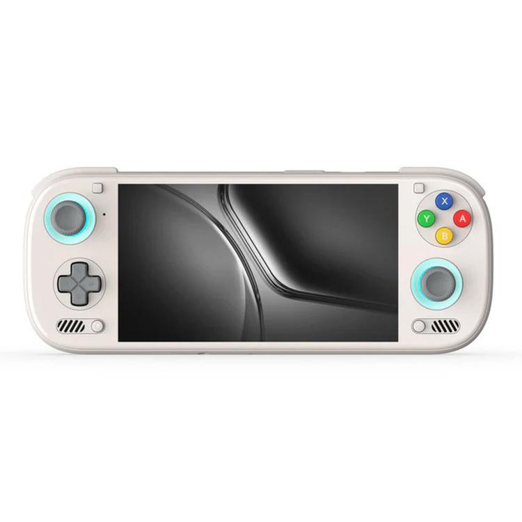 White handheld game console with light-blue thumbsticks and D-pad