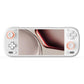 White handheld game console with orange rings on thumbsticks and face buttons