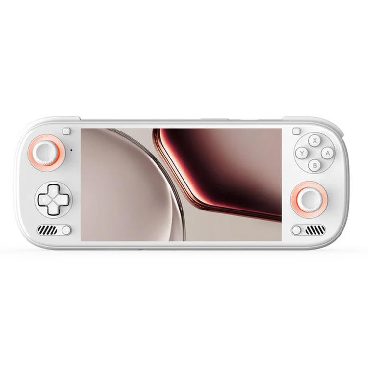 White handheld game console with orange rings on thumbsticks and face buttons