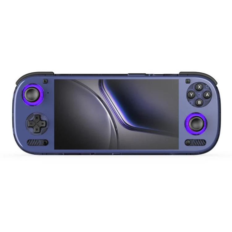 Blue handheld game console with purple rings on thumbsticks and right buttons