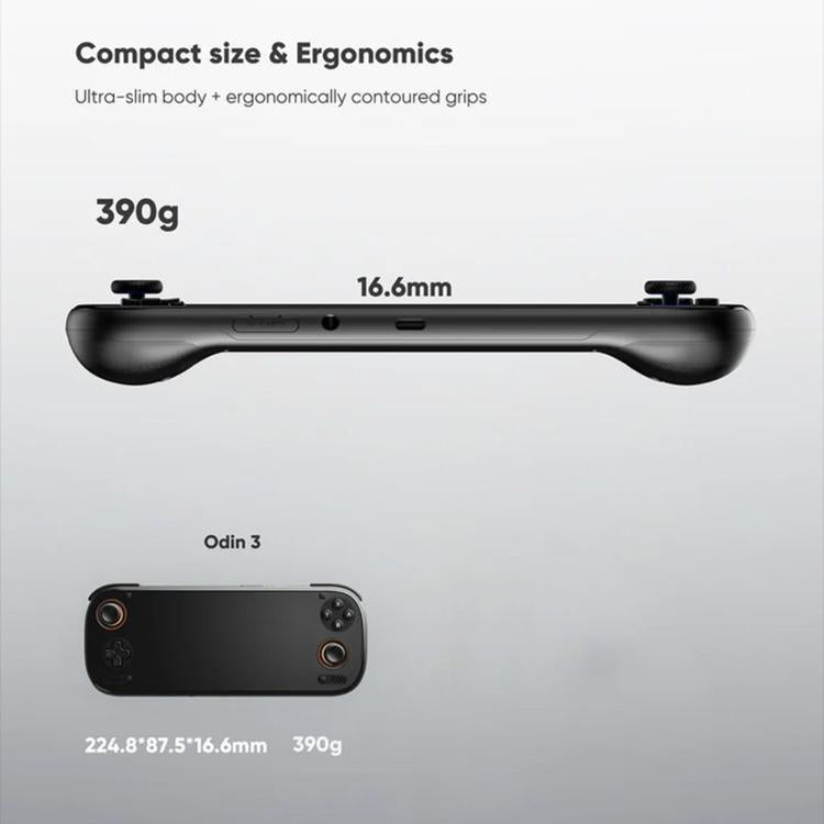Black handheld game console side profile with dual analog sticks and trigger grips