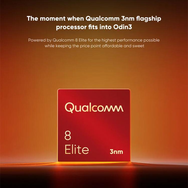 Handheld game console promotional graphic with Qualcomm 8 Elite 3nm processor logo